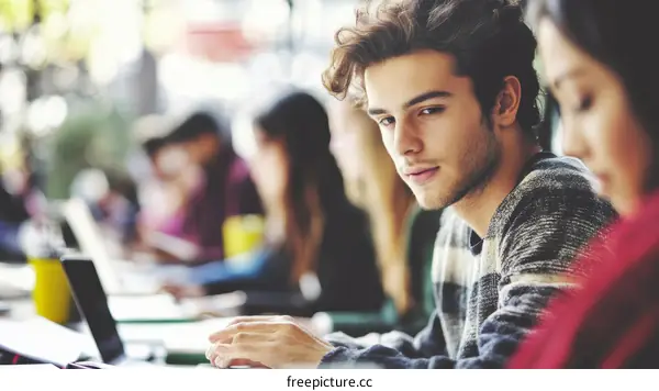 Focused Students Working in a Cafe