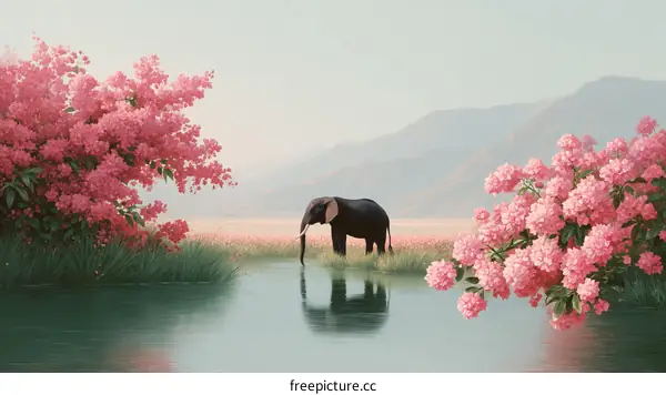 Peaceful Elephant by a Pink Flower-Lined Stream