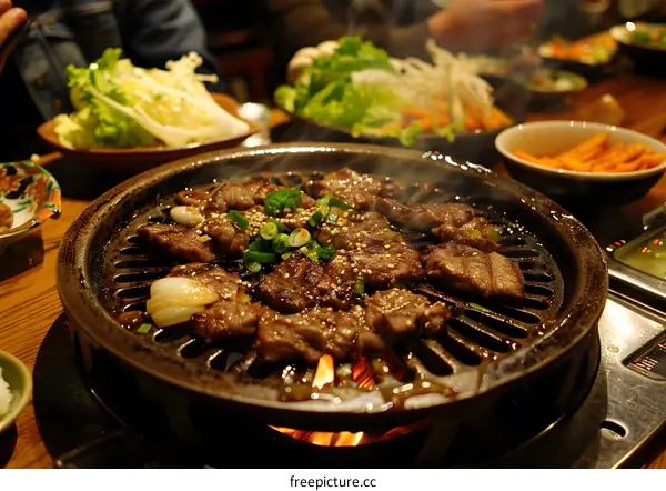 Closeup of Grilled Meat on a Hot Pan
