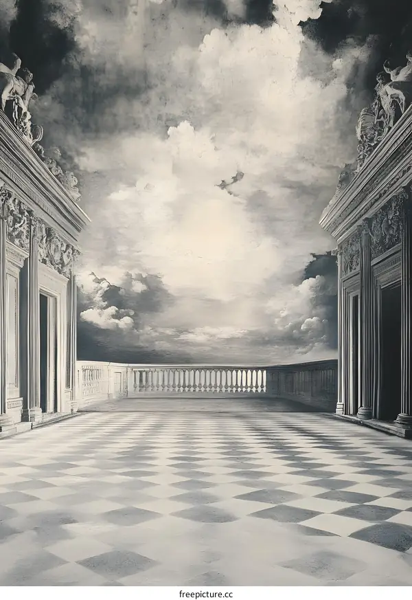 Vintage Black and White Illustration of a Balcony with Checkered Floor and Clouds