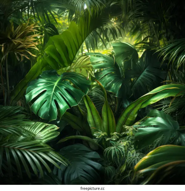 lush green leaves of various tropical plants