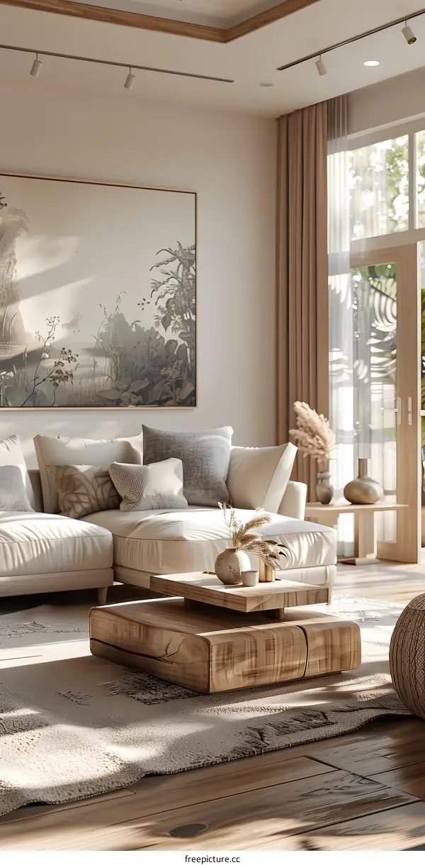 The picture shows a living room with a modern and minimalist style