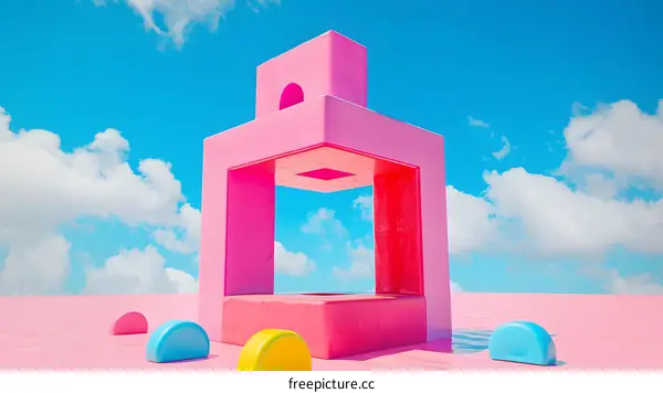 Pink Abstract 3D Geometric Shapes Against Blue Sky Background
