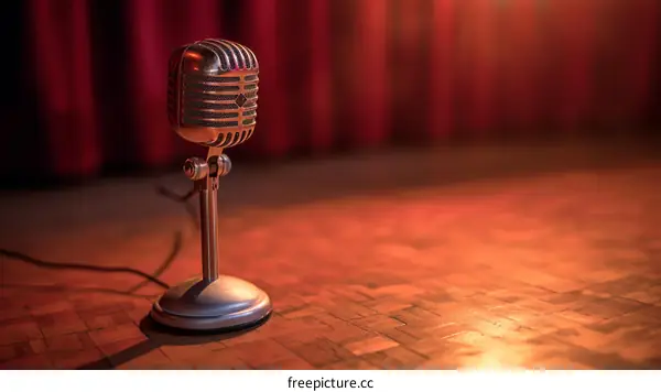 Retro silver microphone on stage with red curtain background