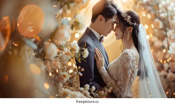 The new couple kissing in a beautiful artistic conception