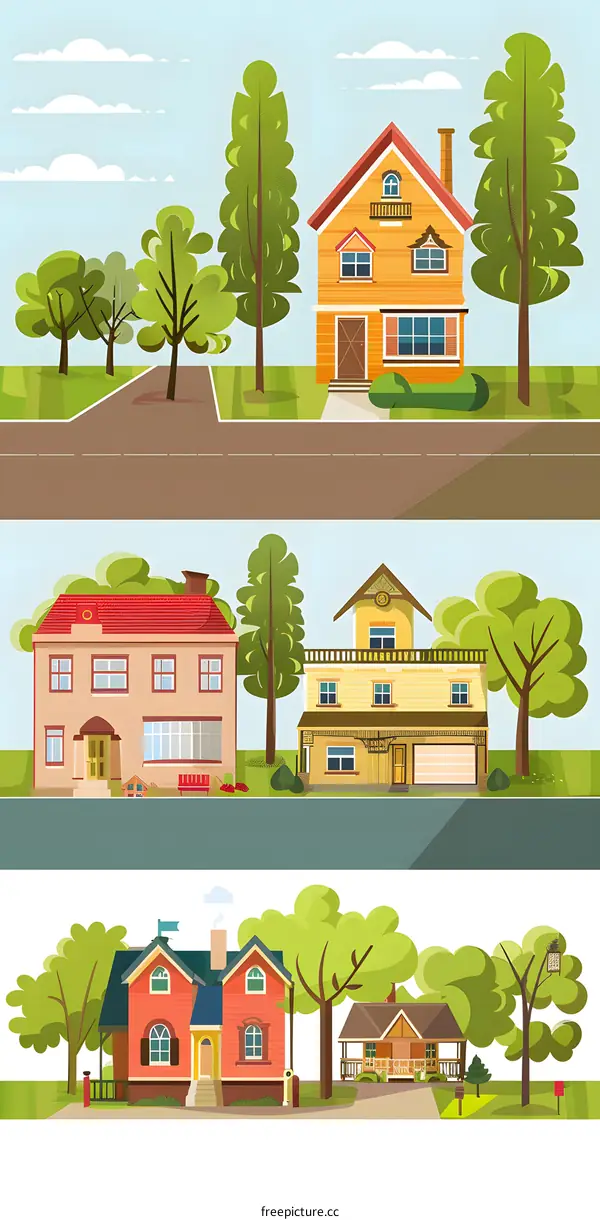 Cartoon Illustration of Houses in a Row with Trees
