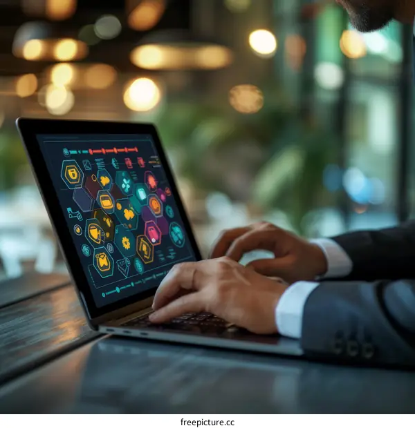 Businessman working on laptop with futuristic technology interface showing data and graphs.