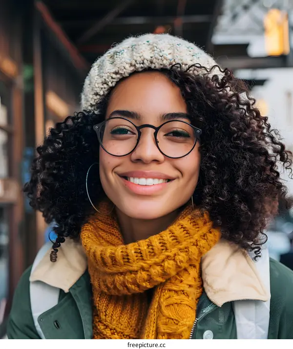 Smiling Woman Wearing Glasses, Knitted Hat And Scarf