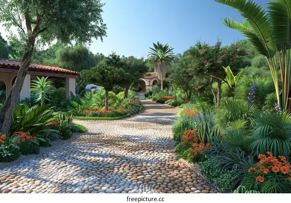 Cobblestone Garden Path with Lush Greenery