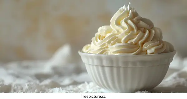 White whipped cream in a white bowl