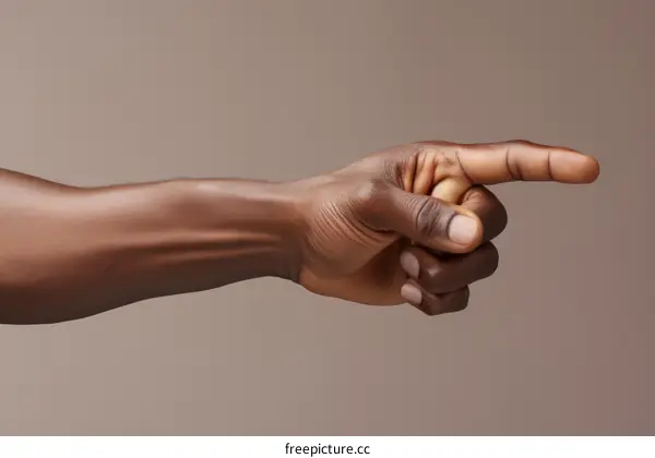 A hand of an African-American person pointing to the right