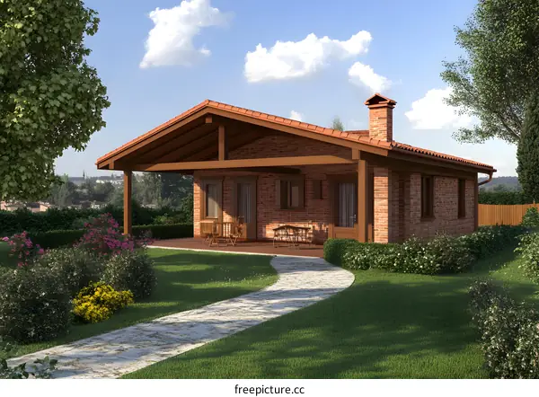 Brick Cottage House With Patio And Lawn