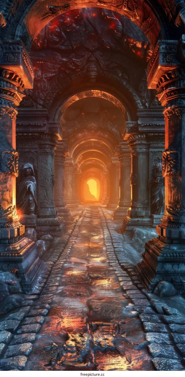 Mystical Stone Corridor with Lava River and Sculptures