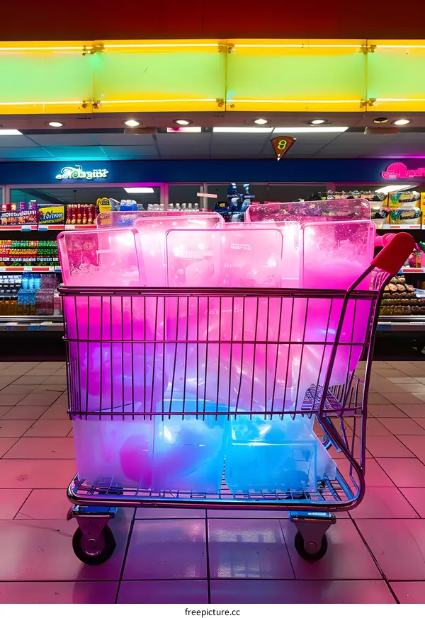 Neon Lights and Shopping Cart in a Supermarket