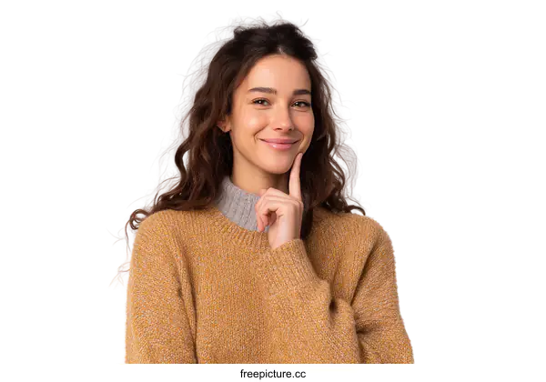 [Transparent Background PNG]Thoughtful Woman in a  Mustard Yellow Sweater