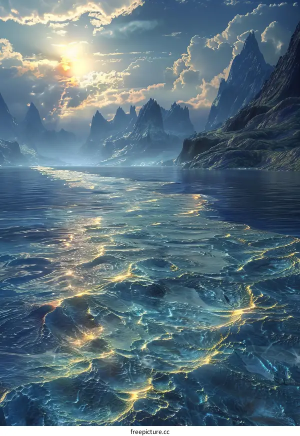 Fantasy Landscape with Mountains, Clouds and Water
