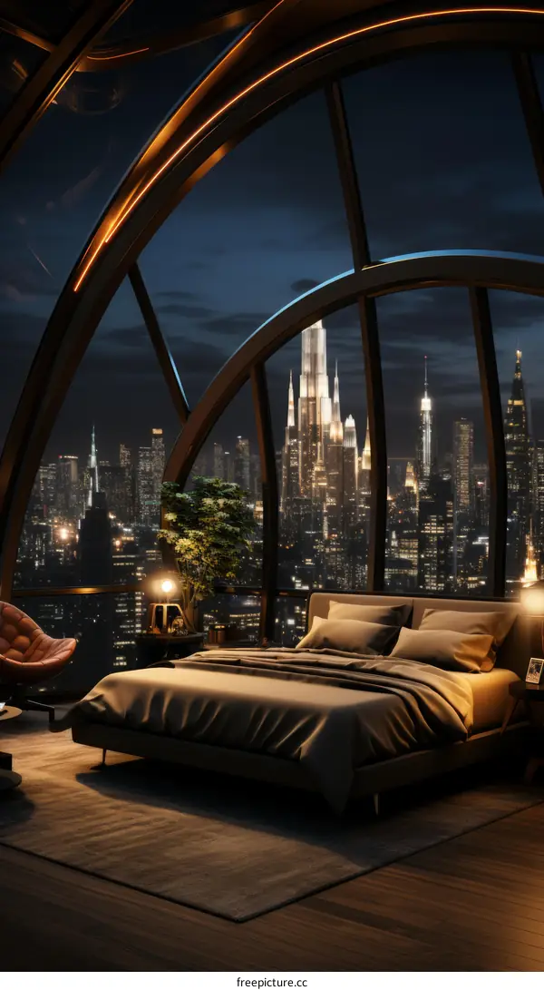 Bedroom with a view of the city at night