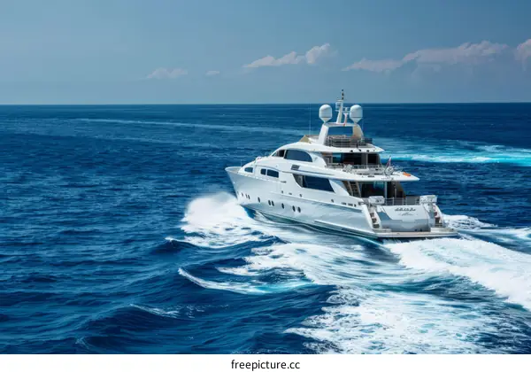 A white yacht is moving in the blue sea