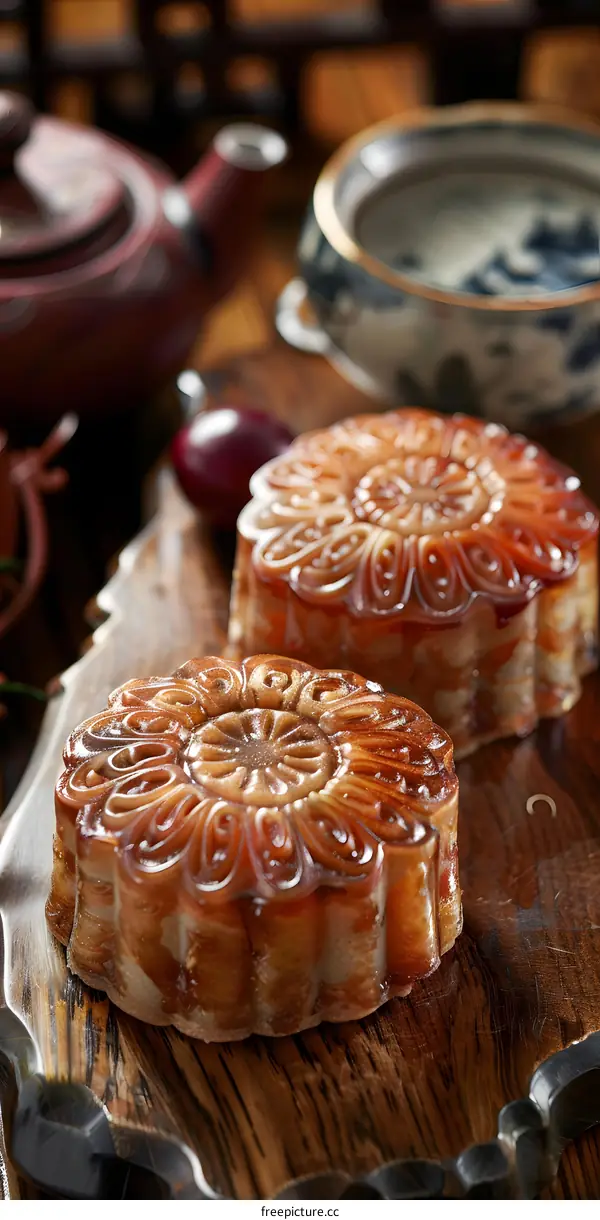 Delicious Chinese Moon Cakes on Wooden Platter