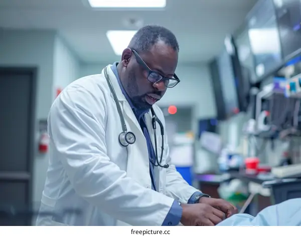 Doctor examining patient in hospital room