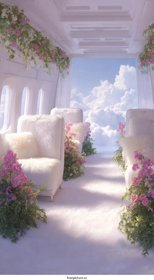 Elegant White Airplane Interior Design with Flowers