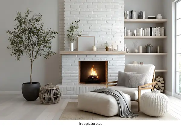 Cozy Living Room with Fireplace and Bookshelf