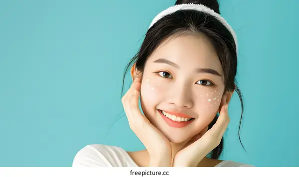 Smiling Asian Woman with White Spots on Her Face