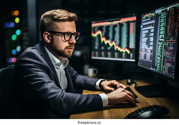 Male stock trader analyzing graphs and charts on multiple computer monitors in dark room