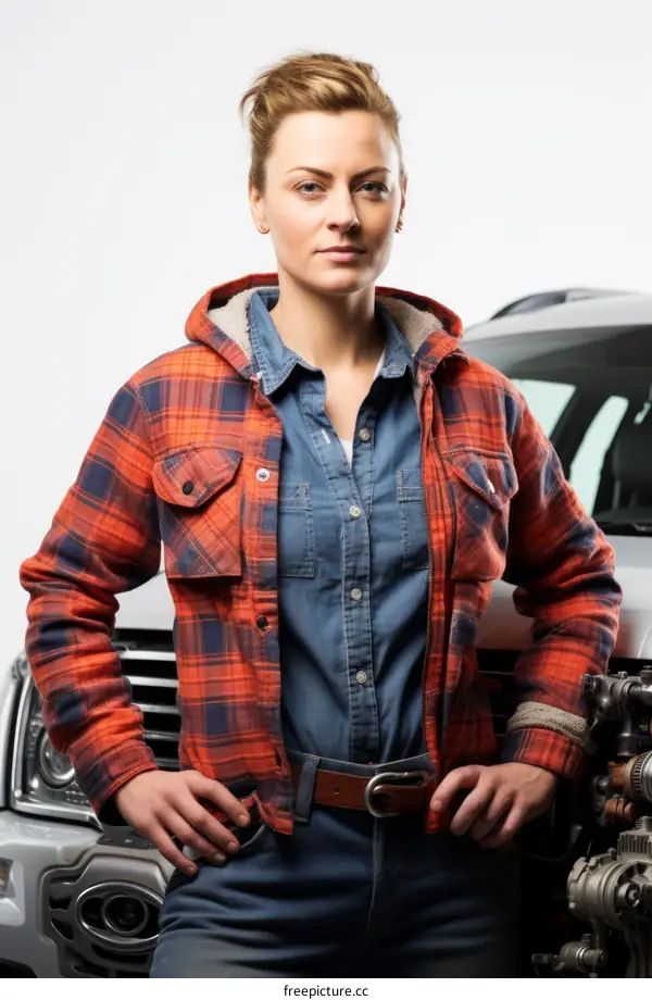 Portrait of a female mechanic in a plaid shirt standing in front of a car