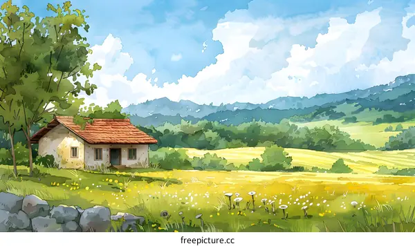 Small cottage in the middle of a lush green field with trees and mountains in the background
