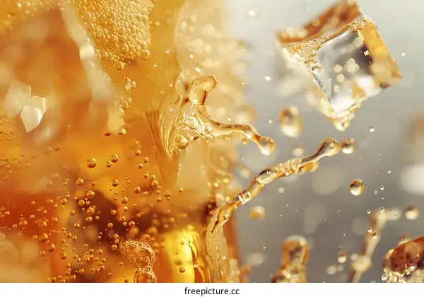 Close Up of Golden Liquid Splashing with Ice Cubes