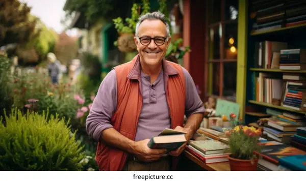 Portrait of a smiling man standing in front of a bookstore