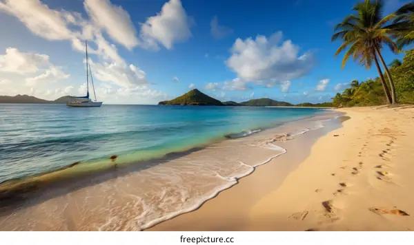 Beautiful beach with palm trees and a sailboat in the distance