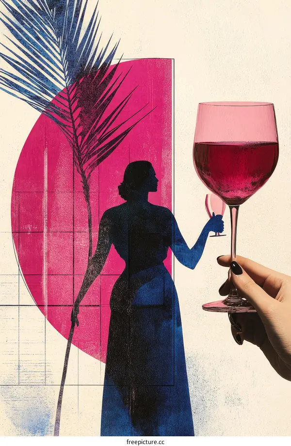 Woman Silhouette with Wine Glass and Palm Leaf