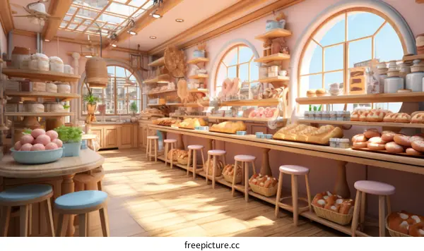 Pink Wall European Bakery Interior with Large Windows