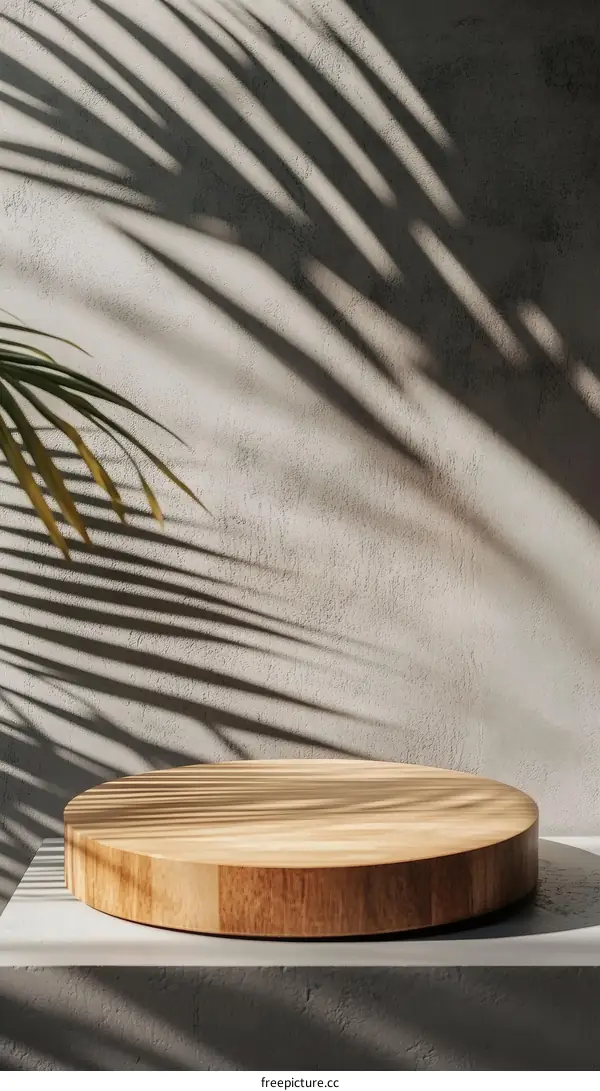 Wooden Display Platform with Palm Leaf Shadows