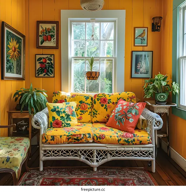A bright yellow living room with a vintage floral sofa and lots of plants