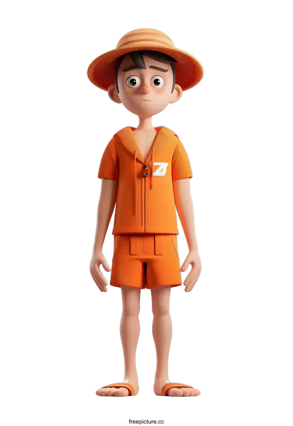 [Transparent Background PNG]3D Character of a Boy in an Orange Outfit and Straw Hat
