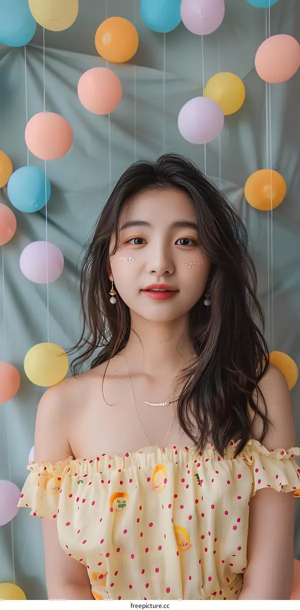 Asian Woman in Stylish Yellow Polka Dot Top with Balloons