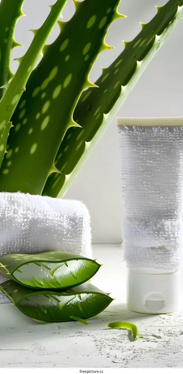 Aloe Vera Leaves and Cream Tube on a White Background