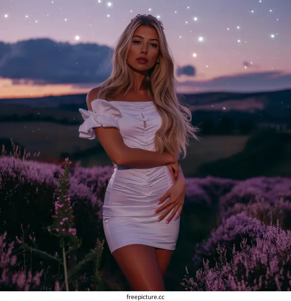Blonde woman standing in a field of purple flowers at sunset