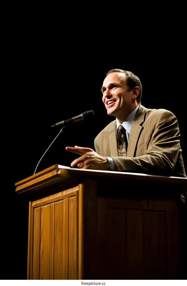 Man Speaking at a Podium with a Microphone