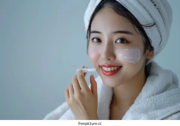 Close-up of a young woman applying facial cream