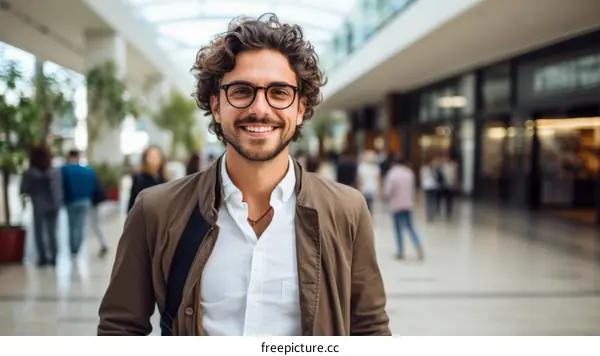 Portrait of a smiling young man with curly hair and glasses