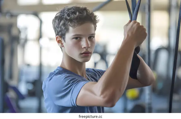 Teenage Boy Working Out with Suspension Trainer in Gym