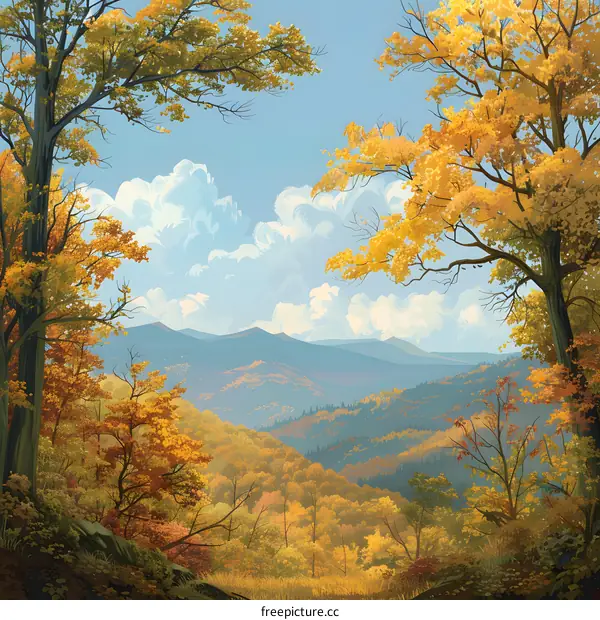 Autumn Mountain Landscape with Yellow Trees and Blue Sky