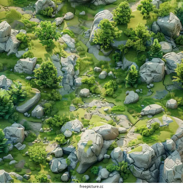 Realistic Top-Down View of a Rocky Hilly Terrain with Sparse Trees and Shrubs