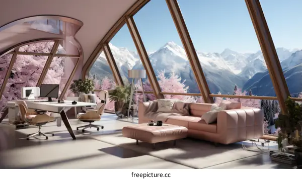 Futuristic Pink Home Office With Mountain Views