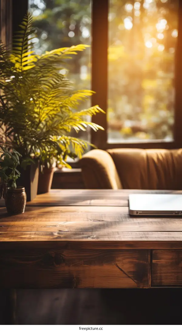 A wooden desk with a laptop and a plant on it