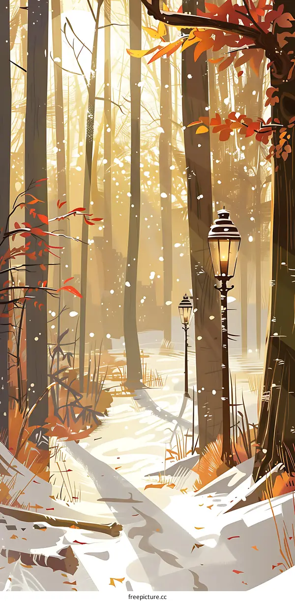 Winter Forest Landscape With Snow And Street Lights